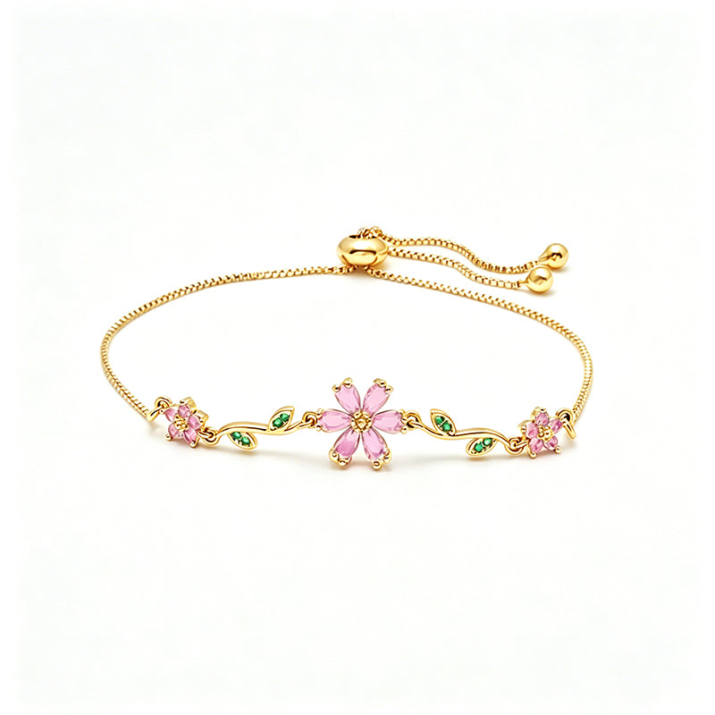 สร้อยข้อมือดอกซากุระสีชมพู แต่งใบไม้ ปรับขนาดได้ B2860