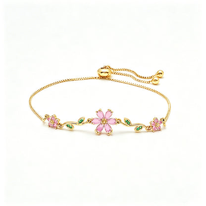 สร้อยข้อมือดอกซากุระสีชมพู แต่งใบไม้ ปรับขนาดได้ B2860