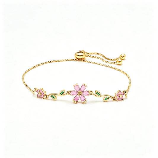 สร้อยข้อมือดอกซากุระสีชมพู แต่งใบไม้ ปรับขนาดได้ B2860
