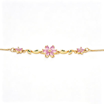 สร้อยข้อมือดอกซากุระสีชมพู แต่งใบไม้ ปรับขนาดได้ B2860