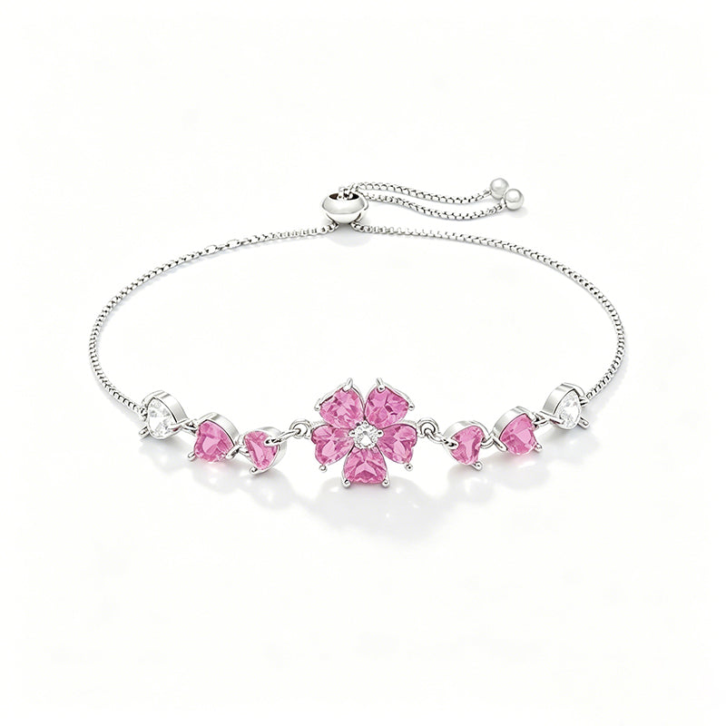 สร้อยข้อมือดอกไม้สีชมพู แต่งหัวใจ ปรับขนาดได้| B3134