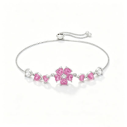 สร้อยข้อมือดอกไม้สีชมพู แต่งหัวใจ ปรับขนาดได้| B3134
