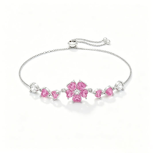 สร้อยข้อมือดอกไม้สีชมพู แต่งหัวใจ ปรับขนาดได้| B3134