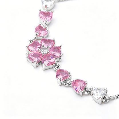 สร้อยข้อมือดอกไม้สีชมพู แต่งหัวใจ ปรับขนาดได้| B3134