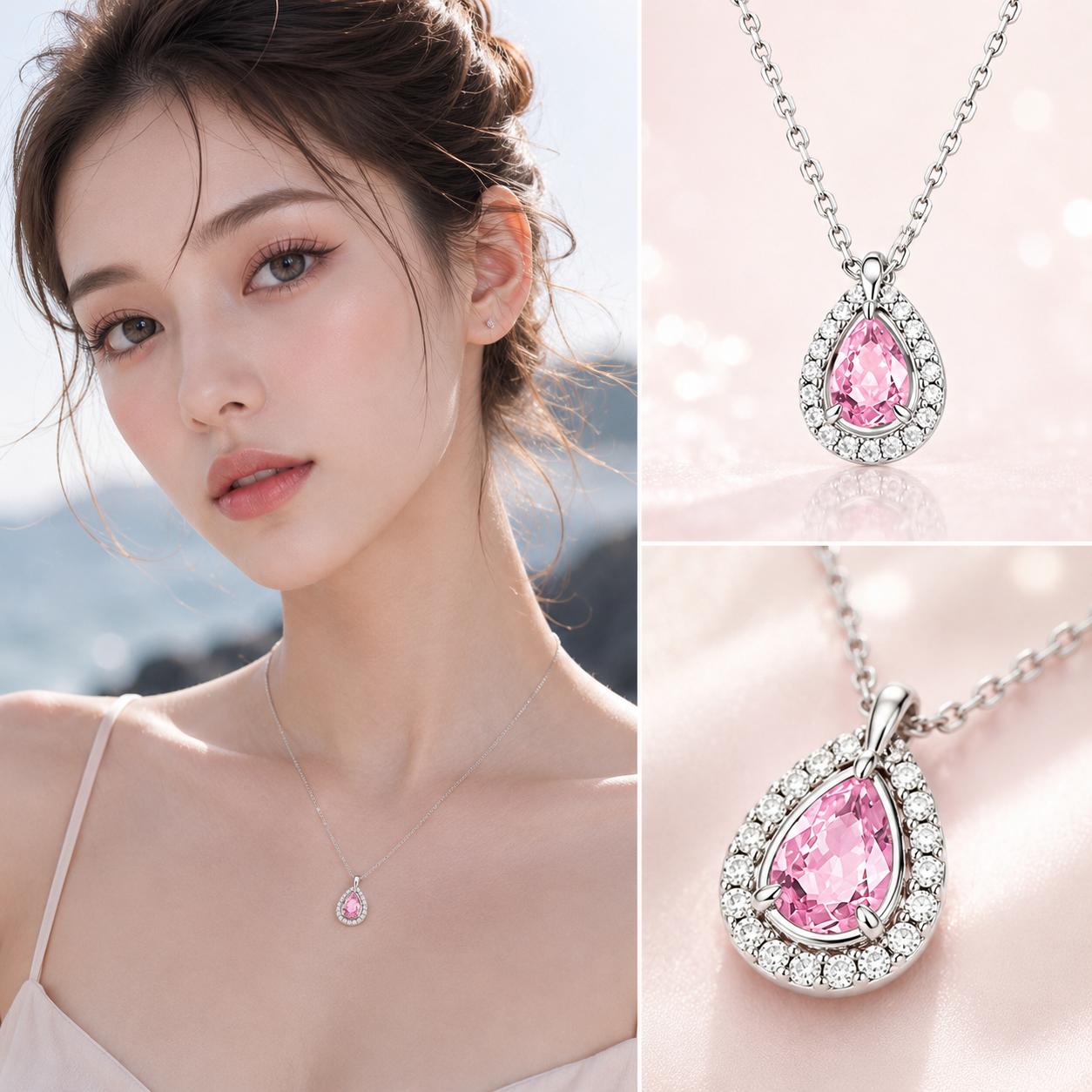 สร้อยคอแฟชั่น จี้หยดน้ำสีชมพู สไตล์มินิมอลเกาหลี 3116